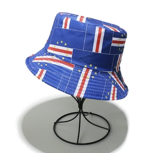 Detail view of Cape Verde flag print bucket hat showing fabric texture on a metal stand