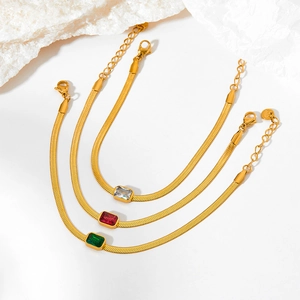 Three-piece gold snake bone chain bracelet set with colorful emerald-cut zircon stones