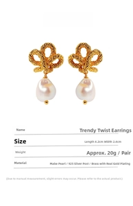 Size specifications of vintage twist knot earrings with baroque pearl drops