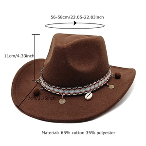 Brown western wool felt cowboy hat with ethnic band and shell charms for men and women
