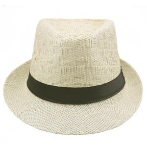 Detail of cross-weave straw texture and black ribbon on classic beige jazz sun hat