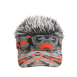 Macro detail of camouflage baseball cap featuring creative grey synthetic hair on top