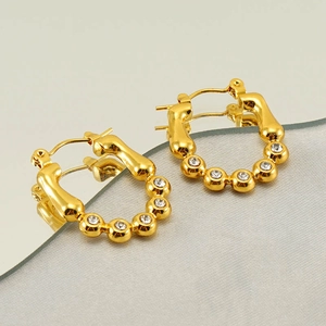18K gold plated stainless steel irregular hoop earrings with crystals and horseshoe shape
