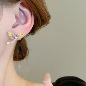 Sweet dragonfly stud earring with yellow and purple cubic zirconia on a silver-tone needle