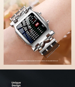 Close-up of matrix LED watch display with polished silver case and functional date markers