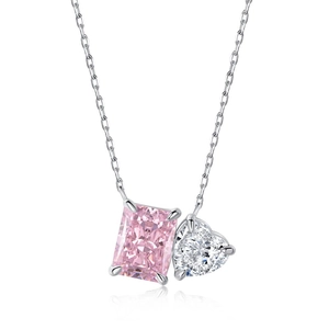 Elegant S925 silver necklace featuring pink rectangular and white heart-cut gemstones