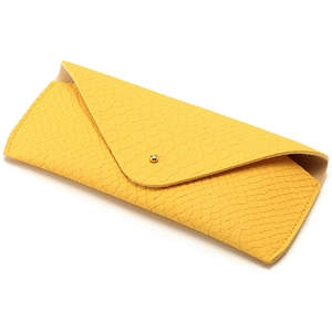 Bright yellow snakeskin embossed leather sunglasses case with gold metal buckle