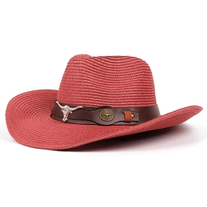 Deep red straw Panama jazz hat with brown leather band and silver bull head buckle detail