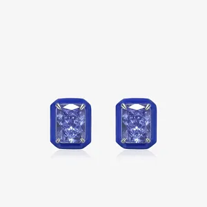 Rectangular Blue Zircon Stud Earrings With 925 Sterling Silver Earring Post Blue Enamel French Vintage Style Women