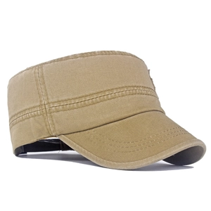 Detail view of khaki washed cotton cadet cap showing reinforced stitching and flat top