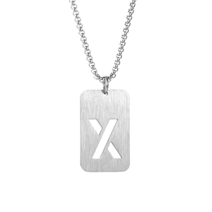 Close-up of rectangular silver titanium steel pendant with hollow X letter on box chain