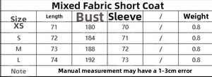 Detailed size chart for wool blend single-breasted jacket with measurements and weight
