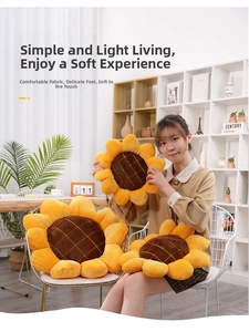 Macro view of plush sunflower pillows in three sizes featuring soft corduroy petals