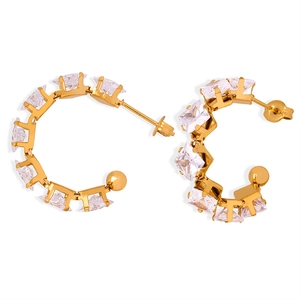 Elegant gold titanium C-shaped hoop earrings with square-cut cubic zirconia inlay