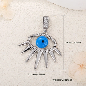 Detail view of Evil Eye pendant with 39mm height and 32.3mm width measurements