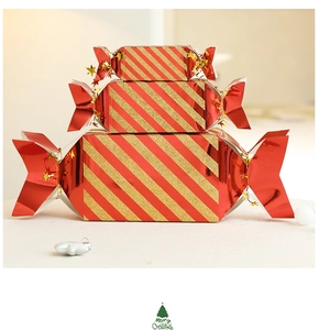Three-piece set of candy-shaped Christmas gift boxes in metallic red with gold glitter stripes