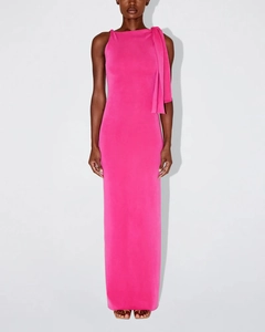 Detail of rose pink slim fit dress showing elegant draped sash on the shoulder