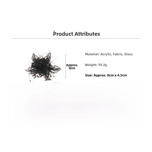 Detailed dimensions of the black flower hair claw with tulle, pearls, and feather accents