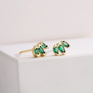 18K gold plated copper snake earrings with marquise green zircon stones on white display