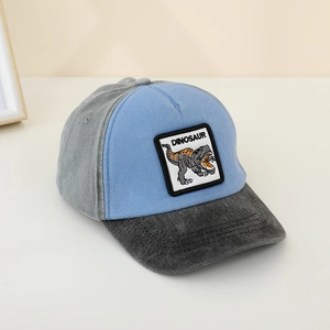Close-up of kids dinosaur baseball cap with embroidered patch and blue grey contrast