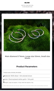 Detail showing colorful zircon teardrop stones on large 925 silver hoop earrings