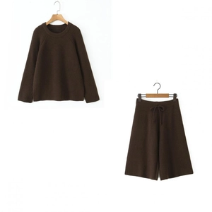 Dark brown knit set featuring a crewneck sweater and drawstring wide-leg shorts