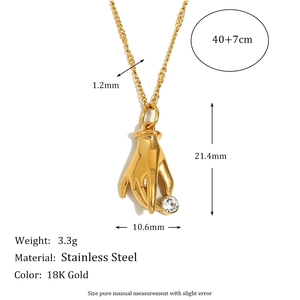 18K gold plated stainless steel necklace featuring a hand-holding-gemstone pendant