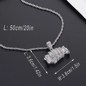 Collier pendentif billet de dollar en argent avec strass brillants et chaîne torsadée