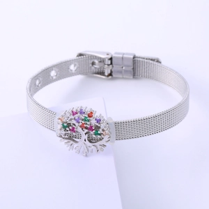Silver stainless steel mesh bracelet with colorful Tree of Life crystal pendant