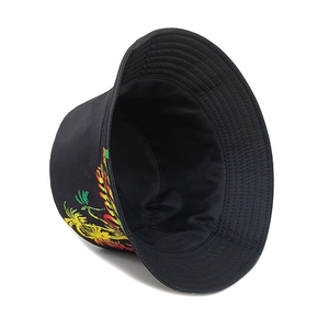 Detailed inner lining and colorful Jamaica palm tree print on black cotton bucket hat