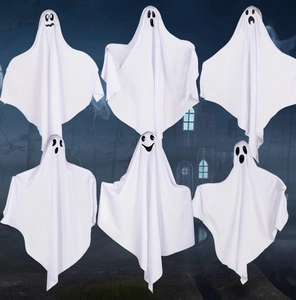 Detailed set of six white fabric Halloween hanging ghosts with unique spooky expressions