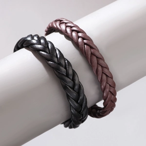Minimalist handmade braided leather bracelet set in black and brown styles for men