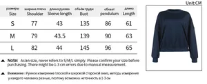 Detailed size chart for women's casual sweatshirt with measurement guide in cm