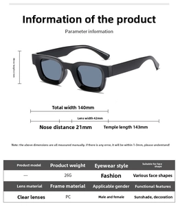 Detailed size specifications for square frame sunglasses with 140mm total width