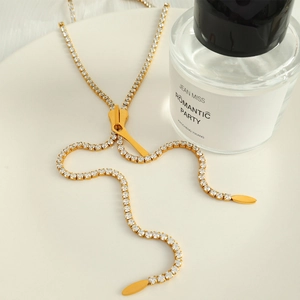 Creative Zipper Shape Titanium Steel Pendant Necklace For Women Gold Plated Zirconia Long Chain Sweater Necklace Jewelry
