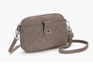 Detail of grey quilted crossbody phone bag with matte leather and metal twist lock closure