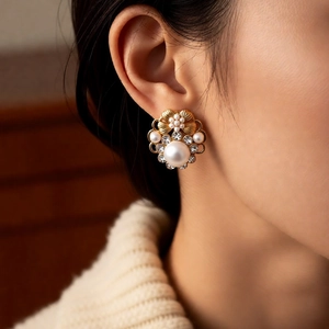 Detail of vintage gold flower earring with pearls and rhinestones on model's ear