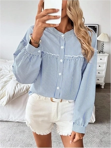 Damen Gestreifte Bluse Polyester Rüschenbesatz Laternenärmel Einreihiges Lässiges Lockeres Hemd Oberteil