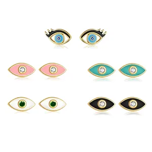 S925 Sterling Silver Evil Eye Stud Earrings For Women Colorful Enamel Rhinestone Small Gold Plated Minimalist Jewelry Gift