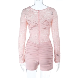 Pink long sleeve lace jumpsuit featuring back zipper closure and pleated hem details