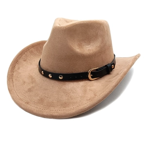 Chapeau De Cowboy Western Daim Large Bord Couleur Unie Ceinture À Rivets Retro Fedora Mode Protection Solaire Hommes Femmes