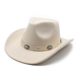 Western Cowboy Hat Wool Felt Wide Brim With Decorative Metal Conchos Rivet Belt Retro Jazz Fedora For Men Women