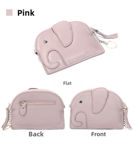 Macro view of dusty pink elephant leather coin purse with metal zipper and key ring