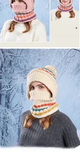 Detail of 3-in-1 winter knit hat with integrated face mask, neck warmer and faux fur pom