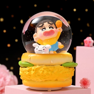Crayon Shin-chan and Shiro crystal ball music box on a hamburger base with cherry blossoms
