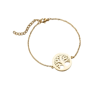 Elegant gold stainless steel bracelet featuring a hollow Tree of Life circular charm
