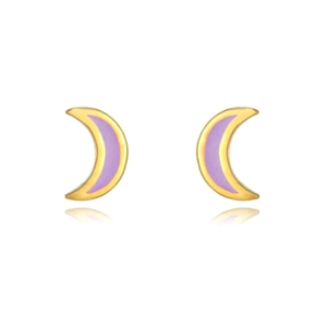Macro shot of gold-plated crescent moon stud earrings with purple enamel inlay