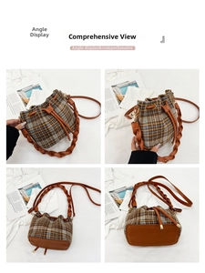 Detail view of plaid woolen bucket bag with drawstring closure and woven strap
