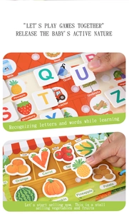 Detail of alphabet learning and vegetable matching game in toddler quiet book activity