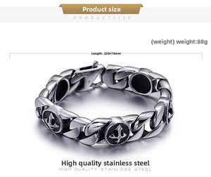 Detail view of retro stainless steel cross bracelet showing 220x15mm size and 88g weight